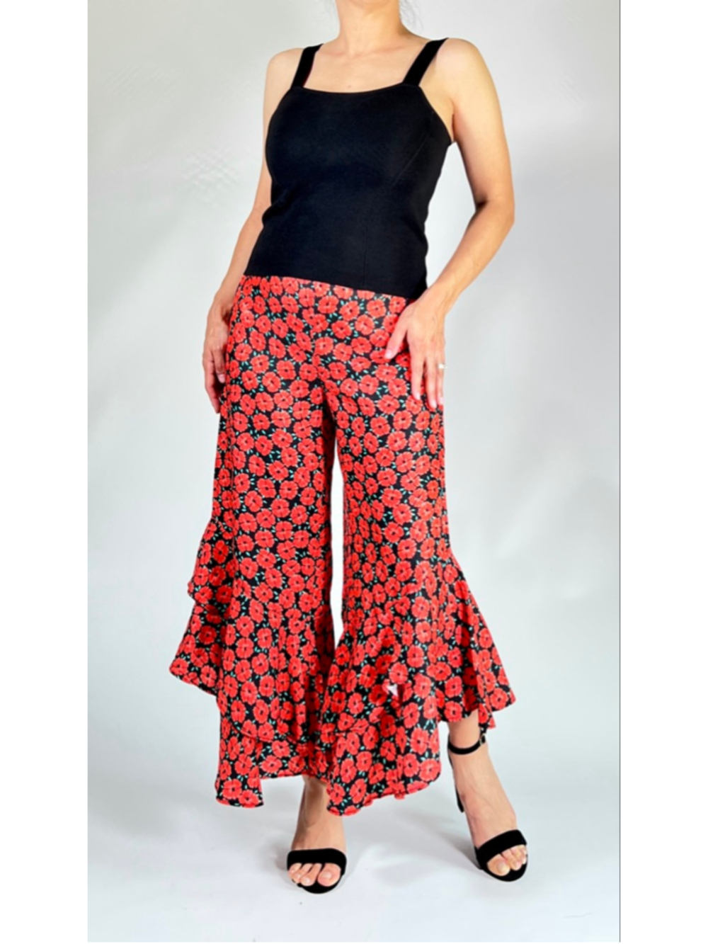 Anthropologie Womans Pants Red Floral Wide Leg Ruffke Pants Size 6 Viscose Cupro - Picture 5 of 10